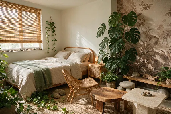 A warm guest bedroom with a low wood-framed bed dressed in beige linen bedding and a sage throw, surrounded by abundant houseplants. The room includes a rattan chair, woven window blinds, a cane nightstand, natural wood and stone side tables, and botanical wallpaper, all lit by soft daylight.