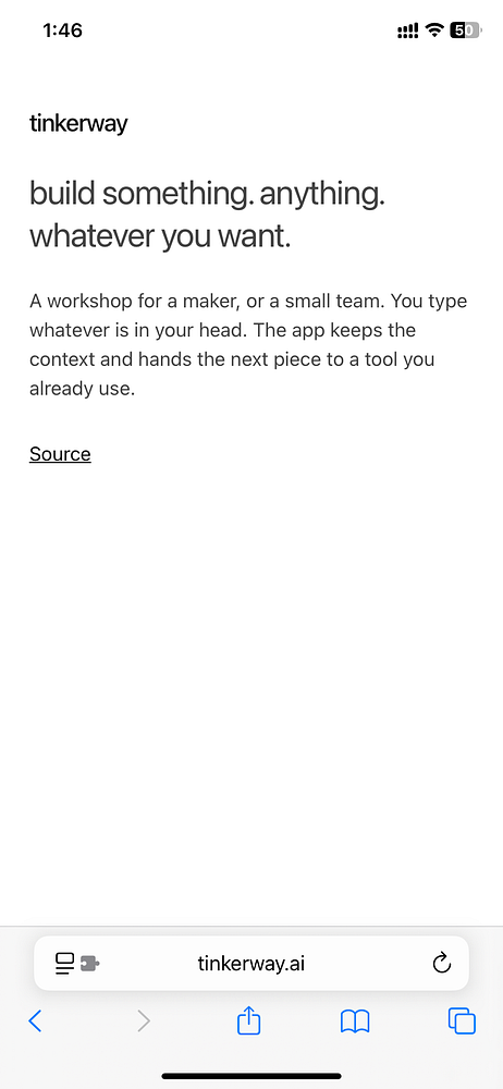 Mobile browser screenshot of the Tinkerway website landing page.