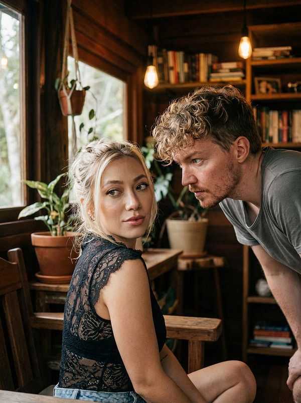 A candid moment between a man and a woman in a cozy, rustic setting.