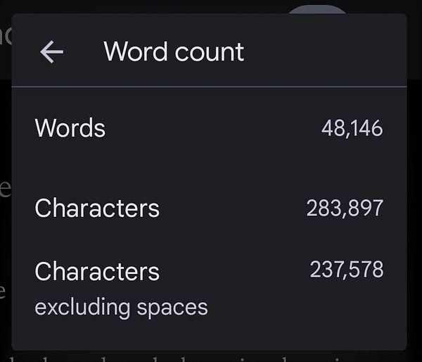 The image displays a word count interface showing detailed statistics for a document.