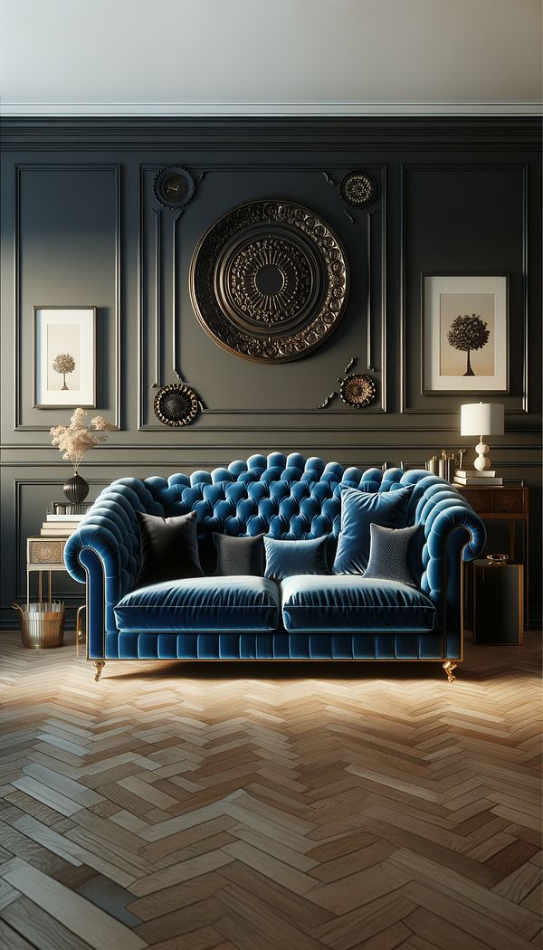 An elegant, vintage-inspired living room with a button tufted velvet sofa in deep blue, adorned with stylish throw pillows.