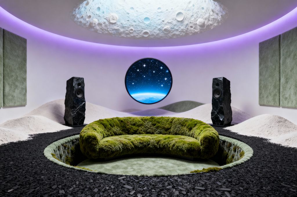 A surrealist media room with a circular, sunken seating pit holds a curved sofa covered in moss-like upholstery on a pale green rug. Two rough black stone speakers stand like monoliths, flanking a round window that shows a starry sky and blue horizon. The curved white room has sculpted dune-like mounds, soft green acoustic panels, a crater-textured dome ceiling, purple LED cove lighting, and a dark crushed-stone floor path.