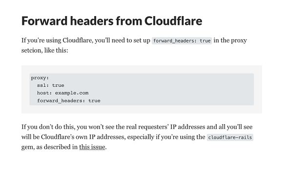 The image displays instructions for forwarding headers from Cloudflare in a configuration file.