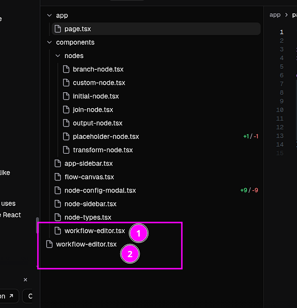 The image displays a code editor interface showing a file structure with two instances of 'workflow-editor.tsx'.