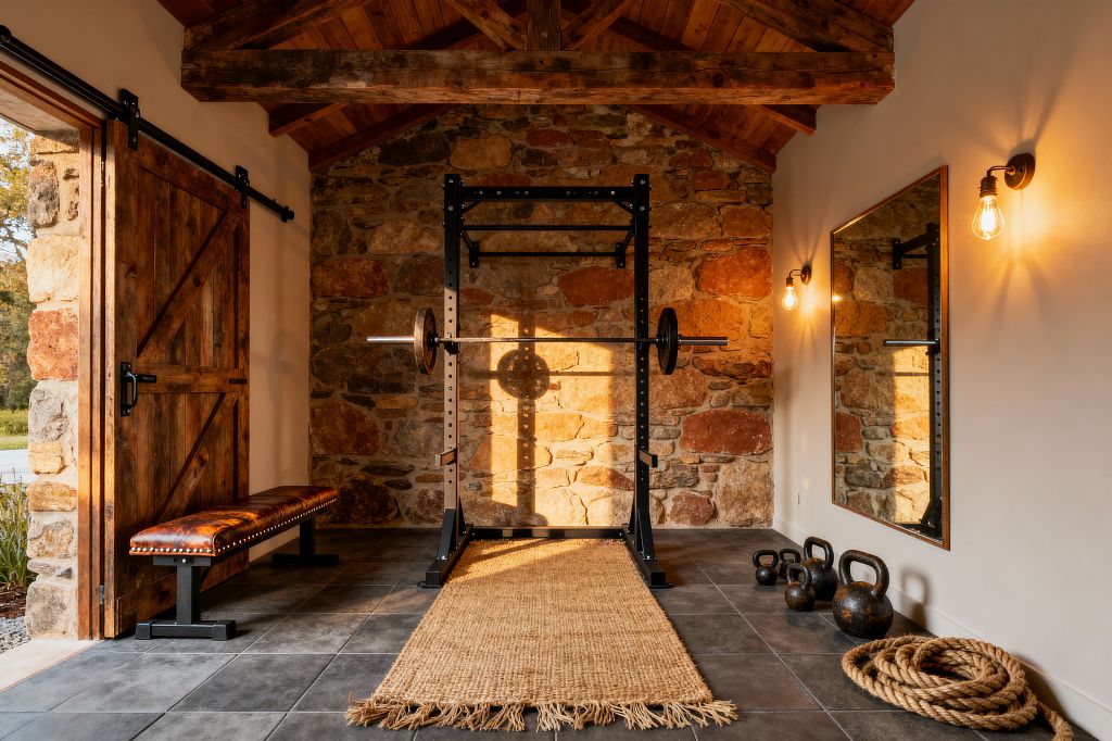 A rustic home gym centers a black metal power rack against a rough fieldstone wall beneath exposed timber trusses and a wood plank ceiling. To the left, a sliding barn door and nailhead-studded brown leather bench add warmth; to the right, a large framed mirror and two Edison-bulb sconces reflect golden afternoon light onto charcoal tile floors, where kettlebells, a coiled battle rope, and a fringed jute runner complete the space.