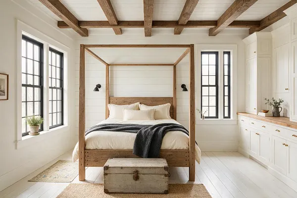 A bright farmhouse master bedroom with a rustic wood canopy bed centered between tall black-framed windows. White shiplap walls, exposed ceiling beams, built-in cabinets with a wood countertop, and neutral bedding create a calm, airy space.