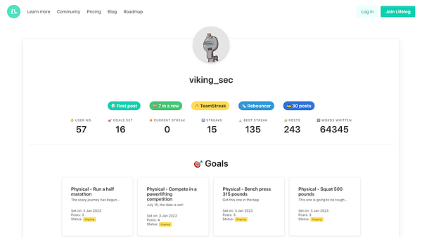 The image displays a user profile on the Lifelog platform for the user 'viking_sec'.