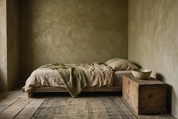 A minimalist guest bedroom with a low wooden platform bed, rumpled beige bedding, and a textured green throw. The room has plaster walls in muted earth tones, a weathered wooden chest used as a bedside table, a ceramic bowl, and a faded woven rug on a stone floor.