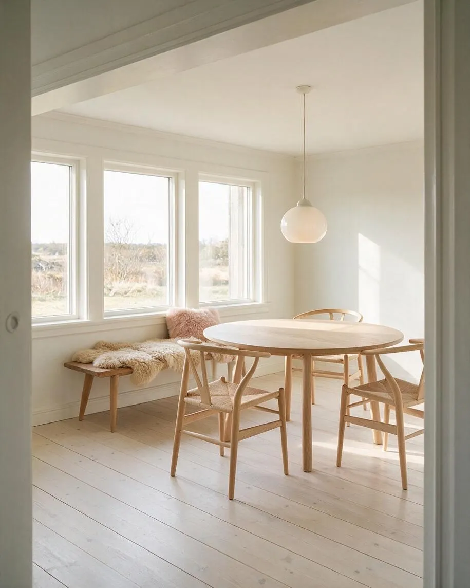 A bright Scandinavian-style game room with white walls, large windows, and pale wood floors. A round natural wood table is surrounded by light wooden chairs, with a soft bench and furry cushions beneath the windows and a simple white pendant light overhead.