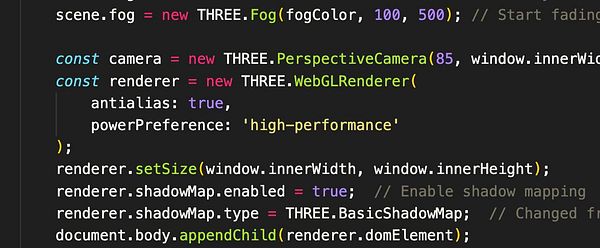 The image displays a code snippet for configuring a WebGL renderer in a JavaScript environment.
