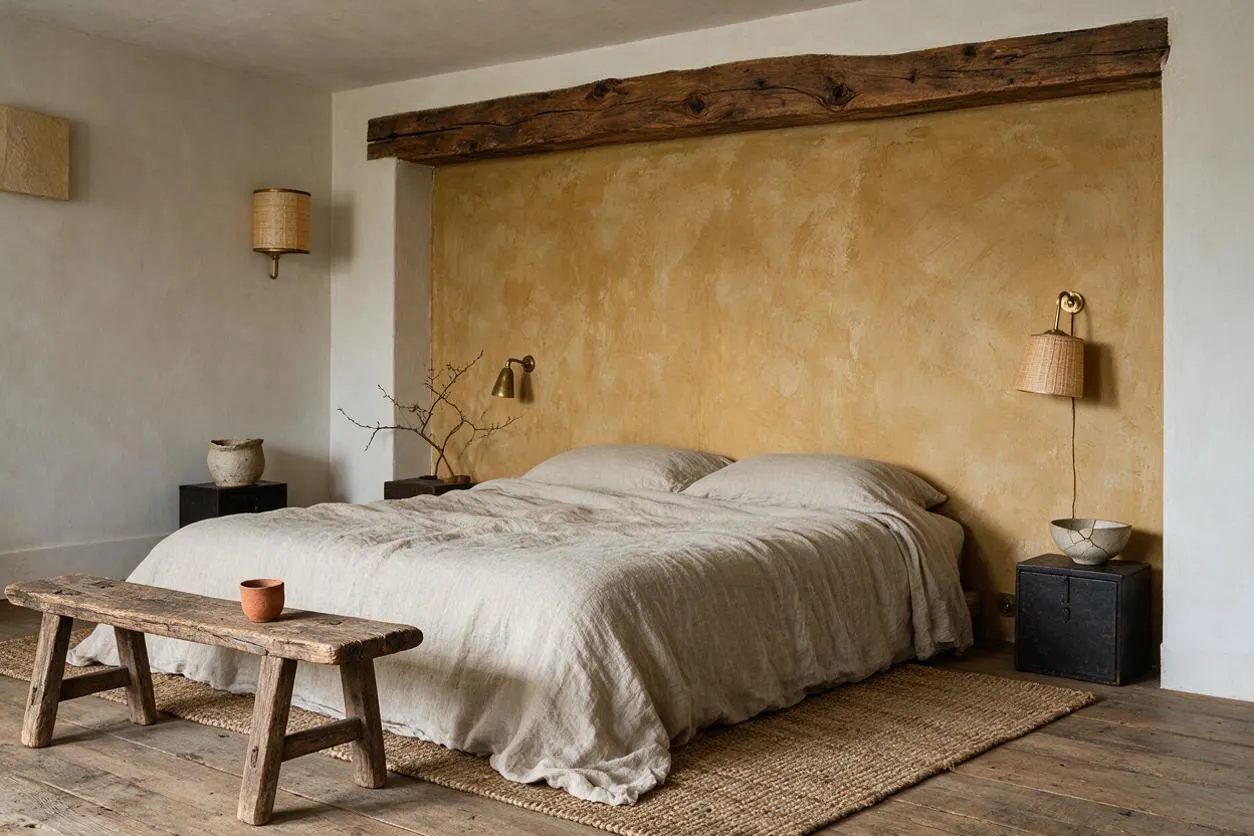 A serene master bedroom with a low bed dressed in soft beige linen, set against a warm textured ochre wall and framed by a reclaimed wood beam overhead. Rustic wooden bench, woven rug, black bedside tables, and simple wall sconces complete the calm, natural composition.