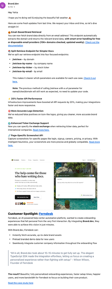 The image features a newsletter update from Brand.dev, highlighting new features and a customer spotlight on Ferndesk.