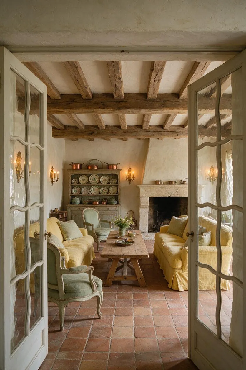 A French Country basement sitting room with exposed wood ceiling beams, terracotta tile flooring, a stone fireplace, and a rustic wood table. Soft yellow slipcovered sofas and a pale upholstered armchair frame the room, while a painted hutch displays patterned plates and copper cookware.
