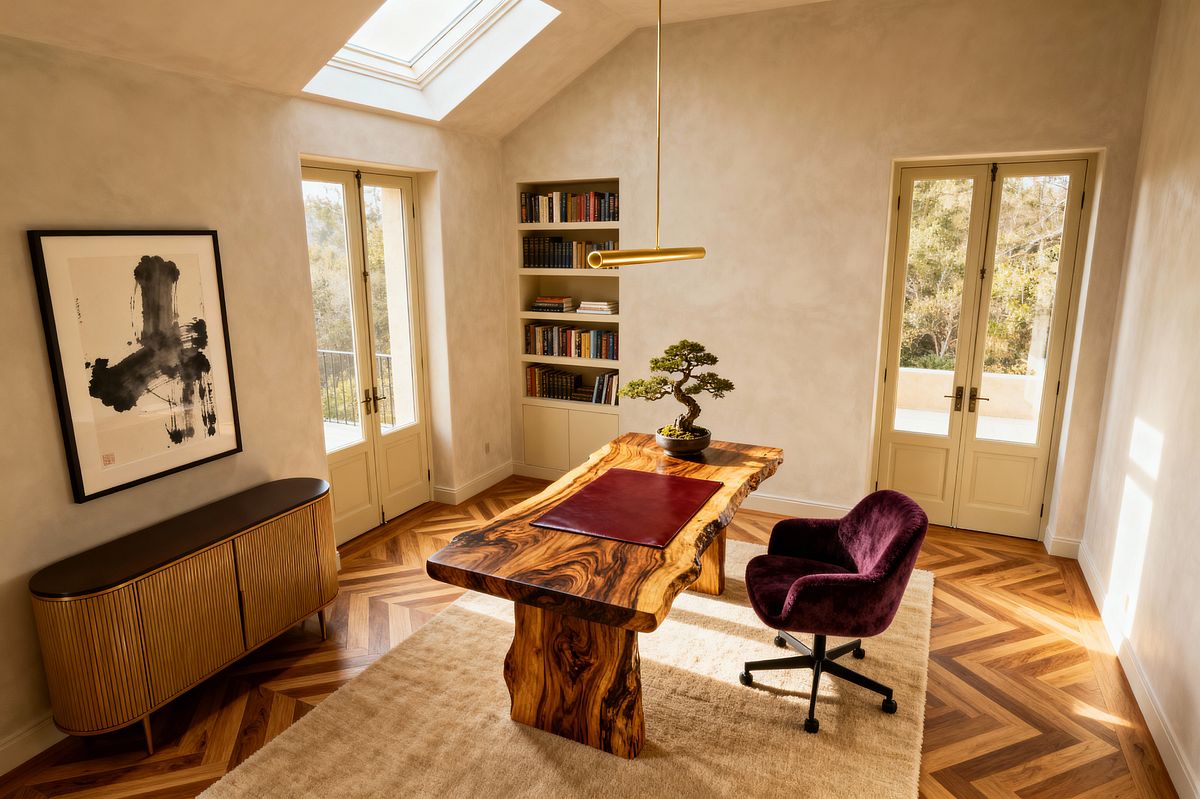 Room AI – Transitional Office with Live-Edge Desk & Brass Pendant