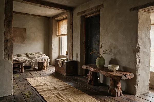 A rustic entryway in wabi-sabi style with plastered walls, exposed timber beams, and a dark wooden floor. A live-edge wood bench, vintage chest, woven rug, and simple ceramic vase create a calm, timeworn atmosphere with soft natural light from the windows.
