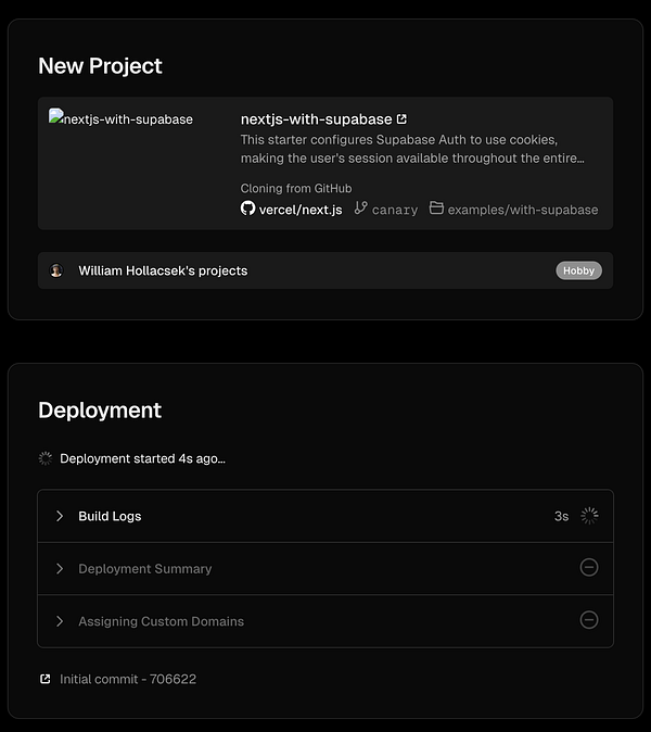 The image displays a user interface for setting up a new Next.js project with Supabase integration and shows the deployment status.