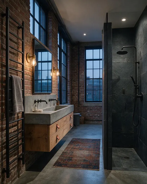 An industrial master bathroom with exposed brick walls, tall black-framed windows, and a floating wood vanity topped with a concrete sink. A dark slate shower with matte black fixtures sits to the right, while warm Edison bulbs and a textured runner soften the moody, urban space.