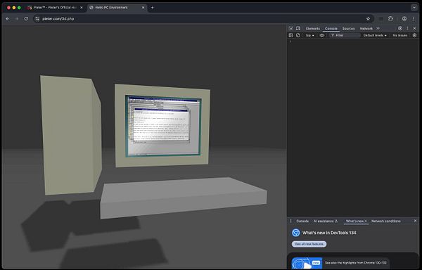 A 3D virtual environment displaying a computer screen with a document and a blank panel.