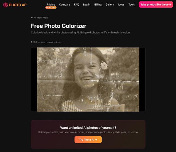 Screenshot of the Free Colorize Photo tool interface showing options to upload, colorize, and download photos with a black and white input image.