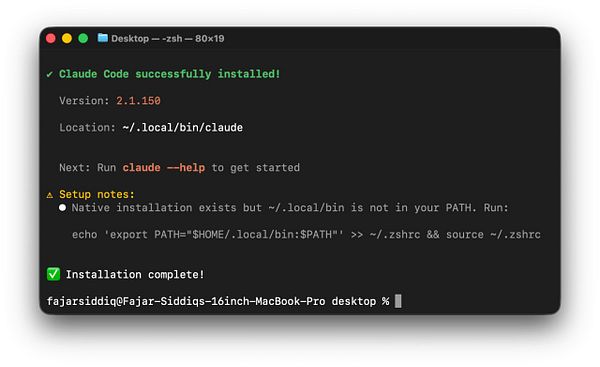 Terminal interface displaying the installation of Claude AI code using pip command and subsequent verification of the installed package version.