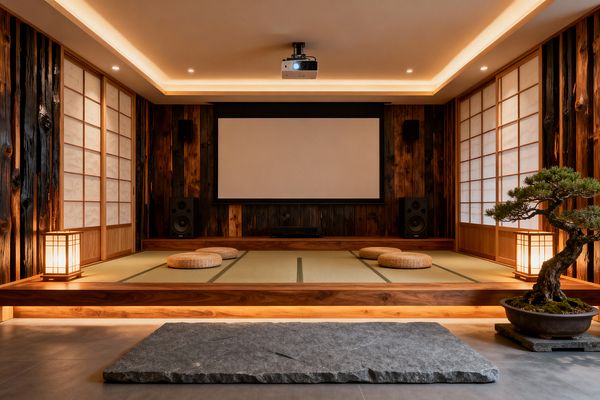 Front-facing view of a Japanese-inspired media room with an elevated tatami platform holding four round woven floor cushions and two wooden lanterns. A large projection screen and ceiling-mounted projector face the seating; dark, charred wood wall panels frame the screen, flanked by large speakers and compact wall-mounted surrounds, while shoji screens line both sides. Warm cove lighting and recessed spots illuminate a rough stone entry slab and a potted bonsai, creating a calm, minimalist atmosphere.