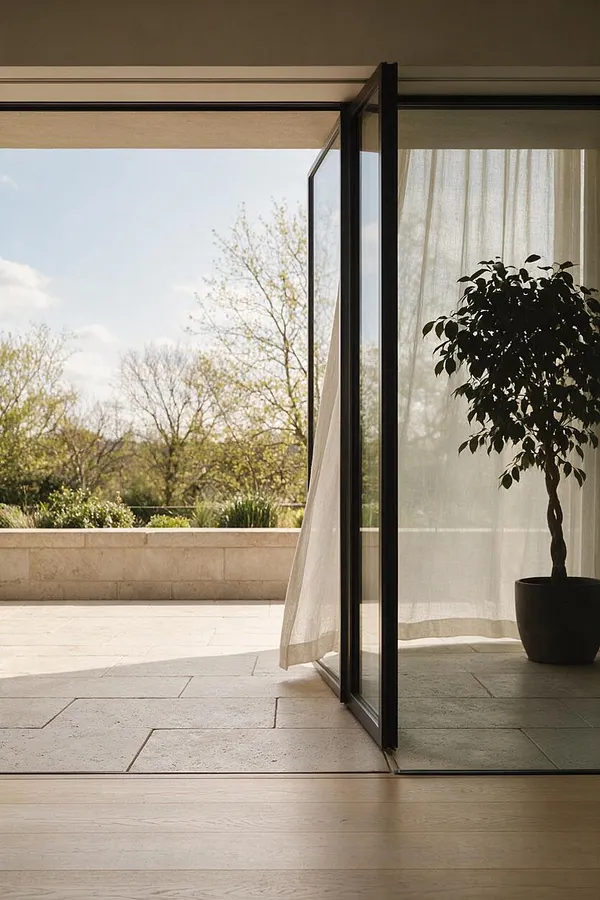 A modern exterior terrace with large black-framed glass sliding doors opening to a sunlit stone patio. Sheer curtains filter the light inside, where a potted tree sits beside the window, and landscaped greenery and trees are visible beyond the low stone wall.