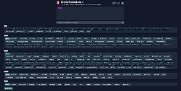 The image displays a user interface for the Canned Support App, showcasing various support categories and canned responses.