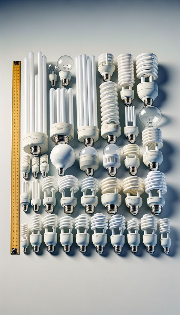 A variety of CFL bulbs in different shapes and sizes, placed next to a ruler for scale, on a white background.