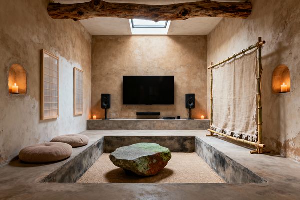 A wabi-sabi inspired media room with hand-troweled clay-toned plaster walls features a sunken seating pit centered on a woven jute rug and an irregular boulder coffee table. Round floor cushions line the cast-concrete perimeter facing a wall-mounted TV, soundbar, and speakers. A bamboo frame holds a raw linen panel, candles glow in arched niches, and a rough timber beam sits beneath a skylight, bathing the space in soft natural light.