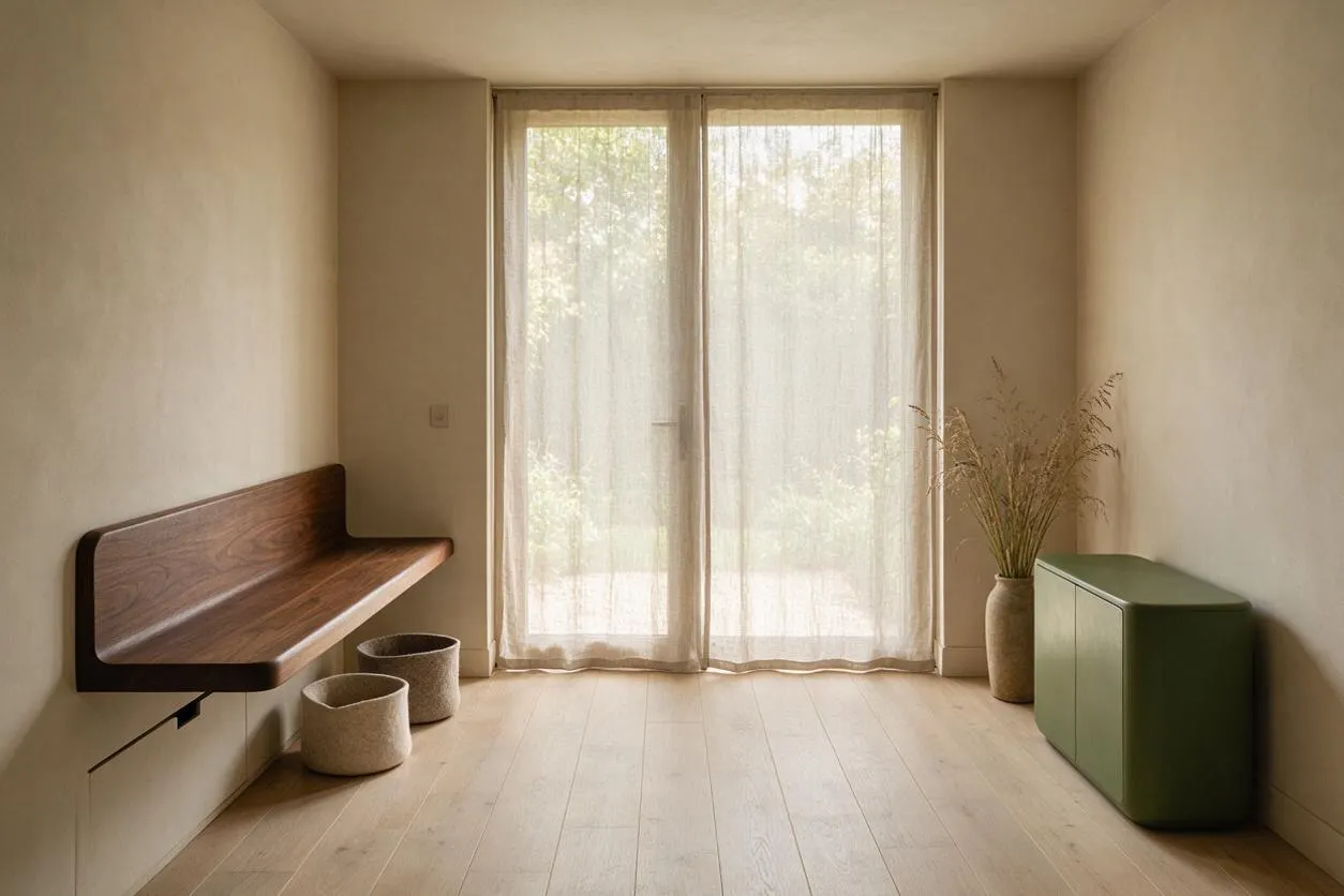 A minimalist mudroom with a built-in walnut bench on the left wall, two woven storage baskets on the floor, and a rounded green storage cabinet on the right. Sheer curtains cover a glass door at the back, with a tall vase of dried grasses adding a natural accent, all set against soft beige walls and pale wood flooring.