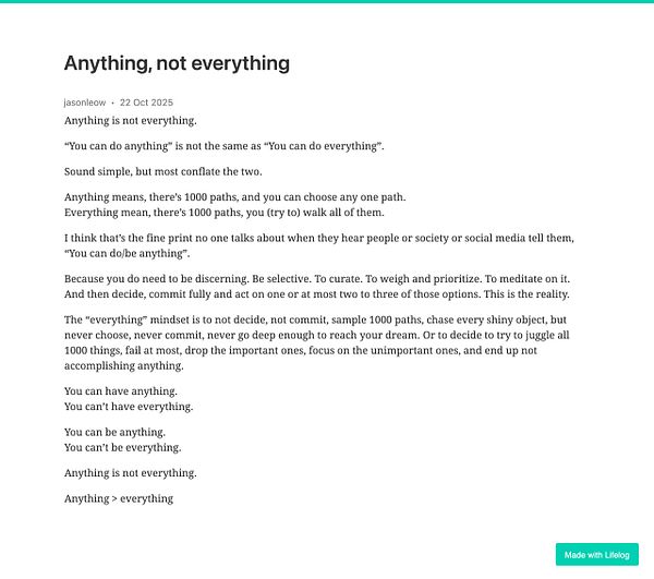 The image features a text post discussing the concept of prioritizing choices in life.