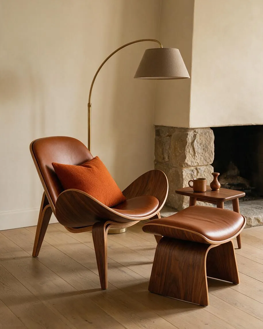 A cozy Mid-Century Modern seating vignette with a sculptural walnut lounge chair and matching ottoman upholstered in warm brown leather, accented by an orange throw pillow. A brass arc floor lamp curves overhead beside a stone fireplace, with a small wooden side table holding simple ceramics on a pale wood floor.