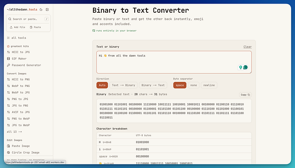 A webpage interface for a Binary to Text Converter tool that converts text to binary and vice versa.
