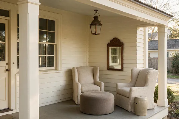 A transitional front porch with white columns, cream clapboard siding, and a covered roof. Two upholstered wingback chairs, a round ottoman, a ceramic side stool, a hanging lantern, and a wall mirror create a calm, inviting seating area.