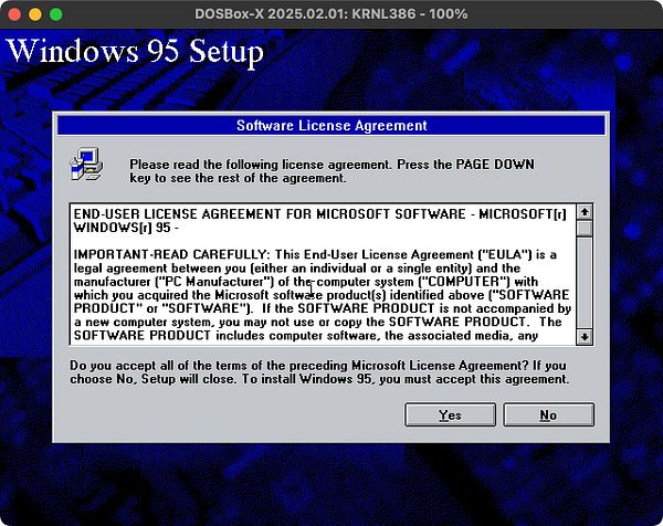 The image displays the Windows 95 setup interface showing the Software License Agreement.