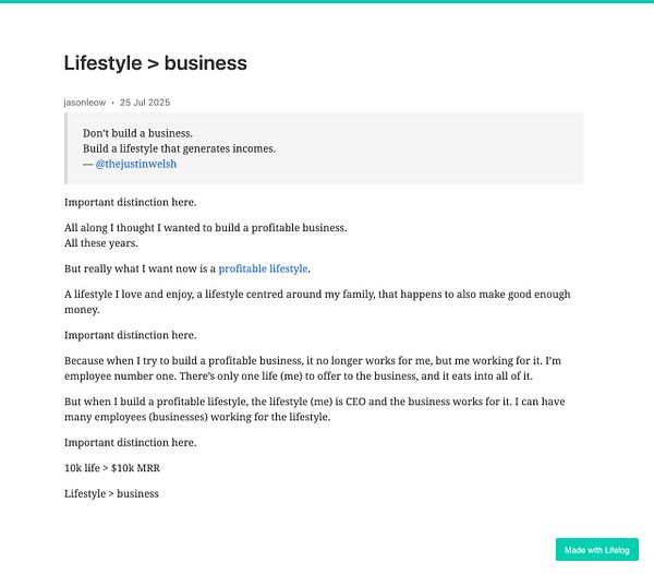 The image features a reflective post about prioritizing lifestyle over traditional business pursuits.