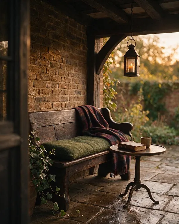 A dark academia-inspired covered porch with a weathered brick wall, wooden bench, and stone floor. A hanging lantern glows above a small round side table holding a book and cup, while ivy and warm autumn light create a cozy, scholarly atmosphere.
