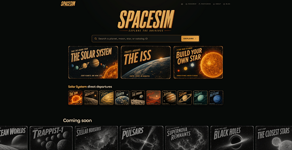 Screenshot of a website titled 'Space Sim' with sections for news, leaderboard, about, and footer with social media icons.