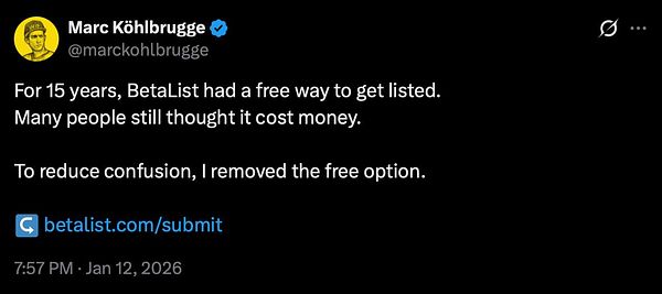 Screenshot of the Betalist pricing page showing a change from a free plan to a $19 monthly Starter plan.