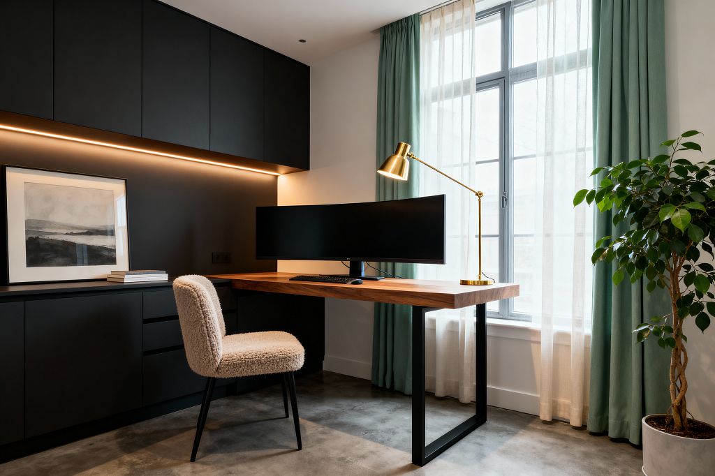 A minimal home office features matte black, handleless cabinetry with a warm under-cabinet LED strip and a framed monochrome landscape leaning on the counter. A thick walnut desk on black steel sled legs supports an ultrawide monitor and a brass adjustable lamp, paired with a cream bouclé chair on polished concrete flooring. Tall windows with sage green drapes and sheer white curtains provide daylight, and a potted tree in a concrete planter adds greenery.