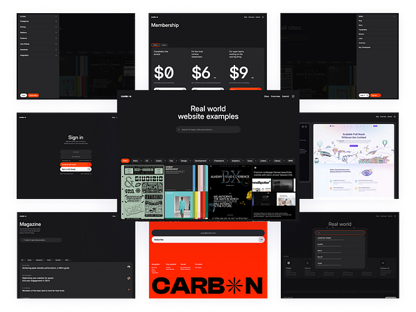 The image showcases various screenshots of the Carbon Astro theme interface, highlighting its features and layout.