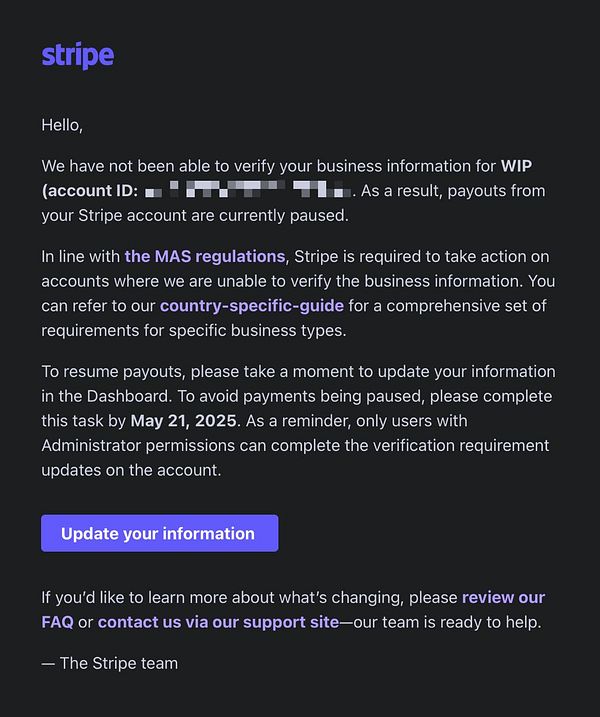 A notification from Stripe regarding a verification issue with a business account.