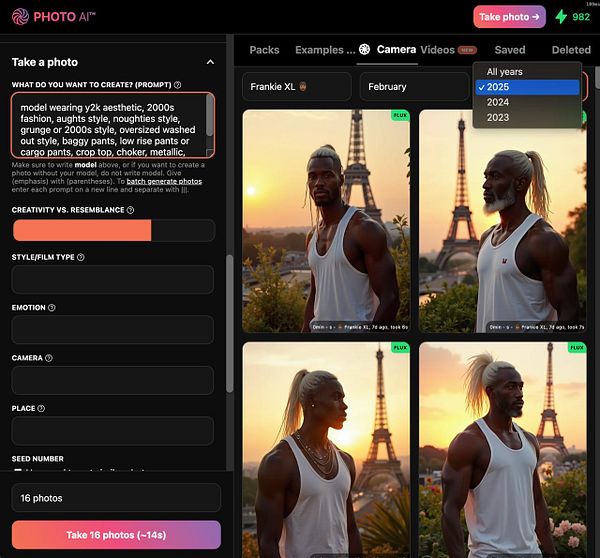The image displays a user interface for a photo generation tool featuring a model and various input options.