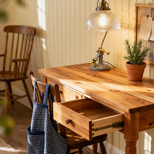 A sunlit farmhouse home office centers on a natural wood desk with a planked top, turned legs, and an open dovetail drawer. A vintage-style task lamp with a textured glass dome, brass fittings, and a cast-iron base glows beside a terracotta potted herb; cream beadboard walls, a fabric-covered pinboard holding notes, a spindle-back Windsor chair, and a blue gingham apron draped over the chair complete the warm, rustic workspace.