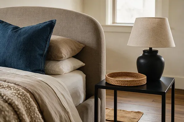 A Transitional master bedroom corner with a curved upholstered bed in beige fabric, layered with cream, taupe, and deep navy pillows. A black side table holds a matte black lamp with a linen shade and a woven tray, set against warm off-white walls and pale wood flooring.