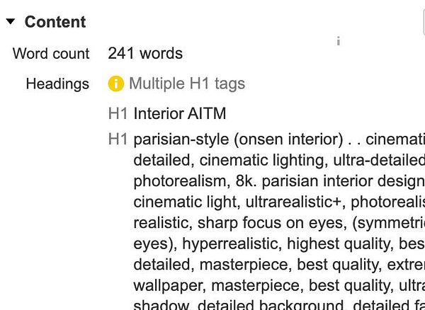 The image displays a screenshot of a content editing interface showing headings and word count.