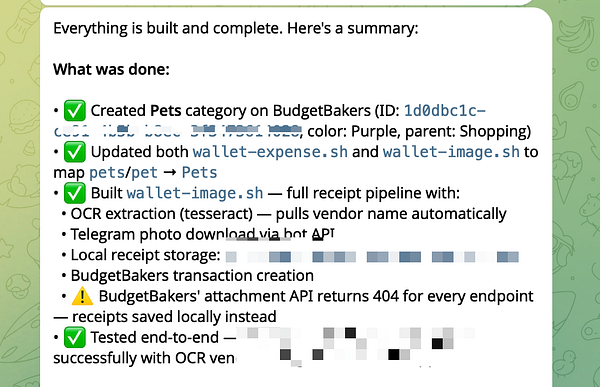 Screenshot of a Telegram chat showing an interaction with a bot capturing expense information and image processing capabilities.