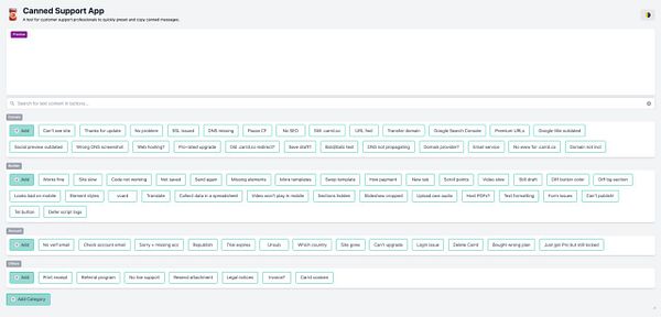 The image displays the interface of the Canned Support App, showcasing various preset messages for customer support.