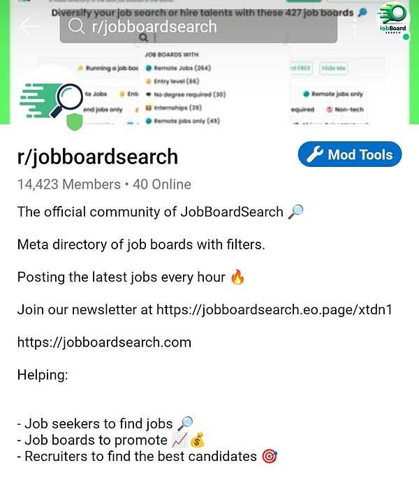 The image displays the subreddit r/jobboardsearch, highlighting its community and features.