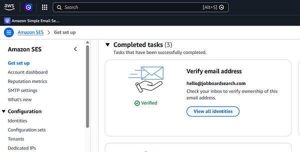 Screenshot of the Amazon Simple Email Service (Amazon SES) setup page showing the 'Verify a New Email Address' section in AWS Management Console.